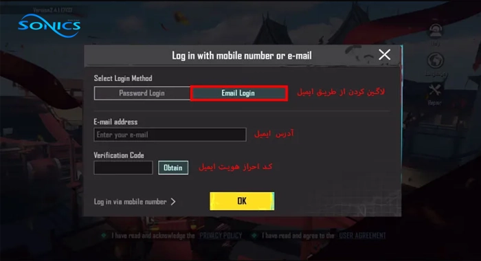 وارد کردن اطلاعات حساب پابجی